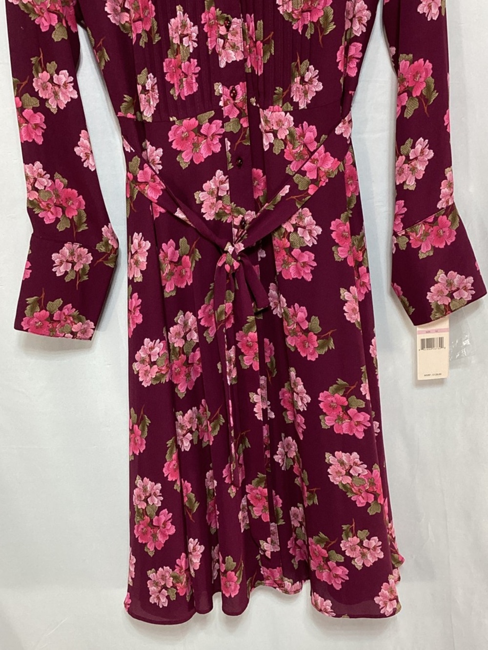 NWT Nanette Lepore Burgundy Floral Tie-Waist Long Sleeve Midi Dress - Picture 7 of 15